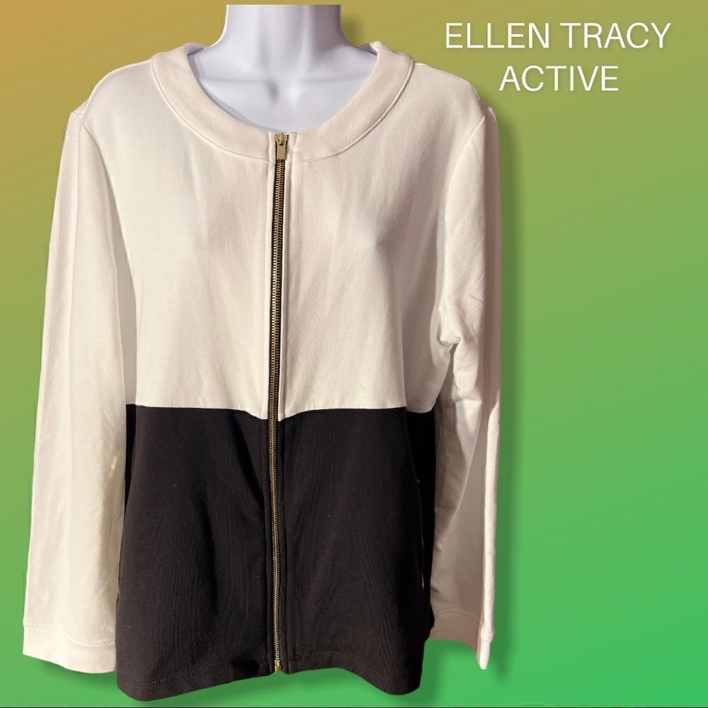 NWT EllenTracy Active Black&White Zip up Jacket XL Color Block Jewel Neck